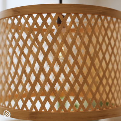 Close-up of diamond lattice cane weave on Minimal Nest bamboo drum lampshade.