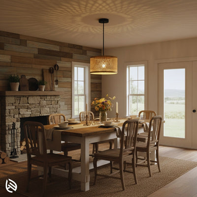 Bamboo drum pendant lighting rustic dining room; patterned ceiling shadows over wooden table.