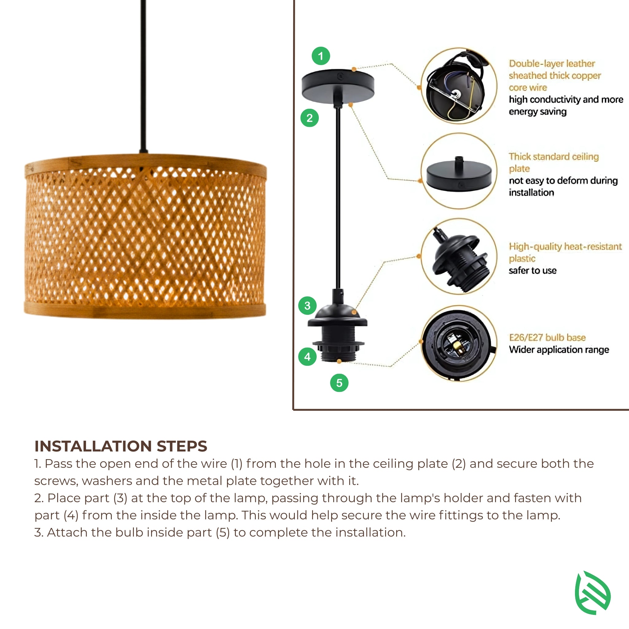 Installation infographic - ceiling canopy, cord and E27/E26 holder steps for Minimal Nest pendant.
