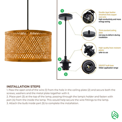 Installation infographic - ceiling canopy, cord and E27/E26 holder steps for Minimal Nest pendant.