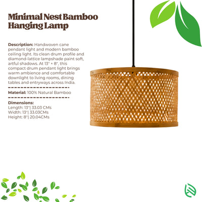 Product card: Minimal Nest Bamboo Hanging Lamp with description, material and dimensions.