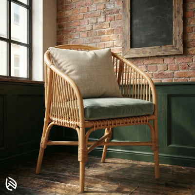 Wicker chair with a cushion against a brick wall