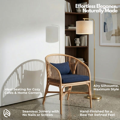 Wicker chair with blue cushion in a modern interior setting, featuring text about product features.
