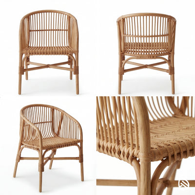 Wicker chair shown from multiple angles on a white background