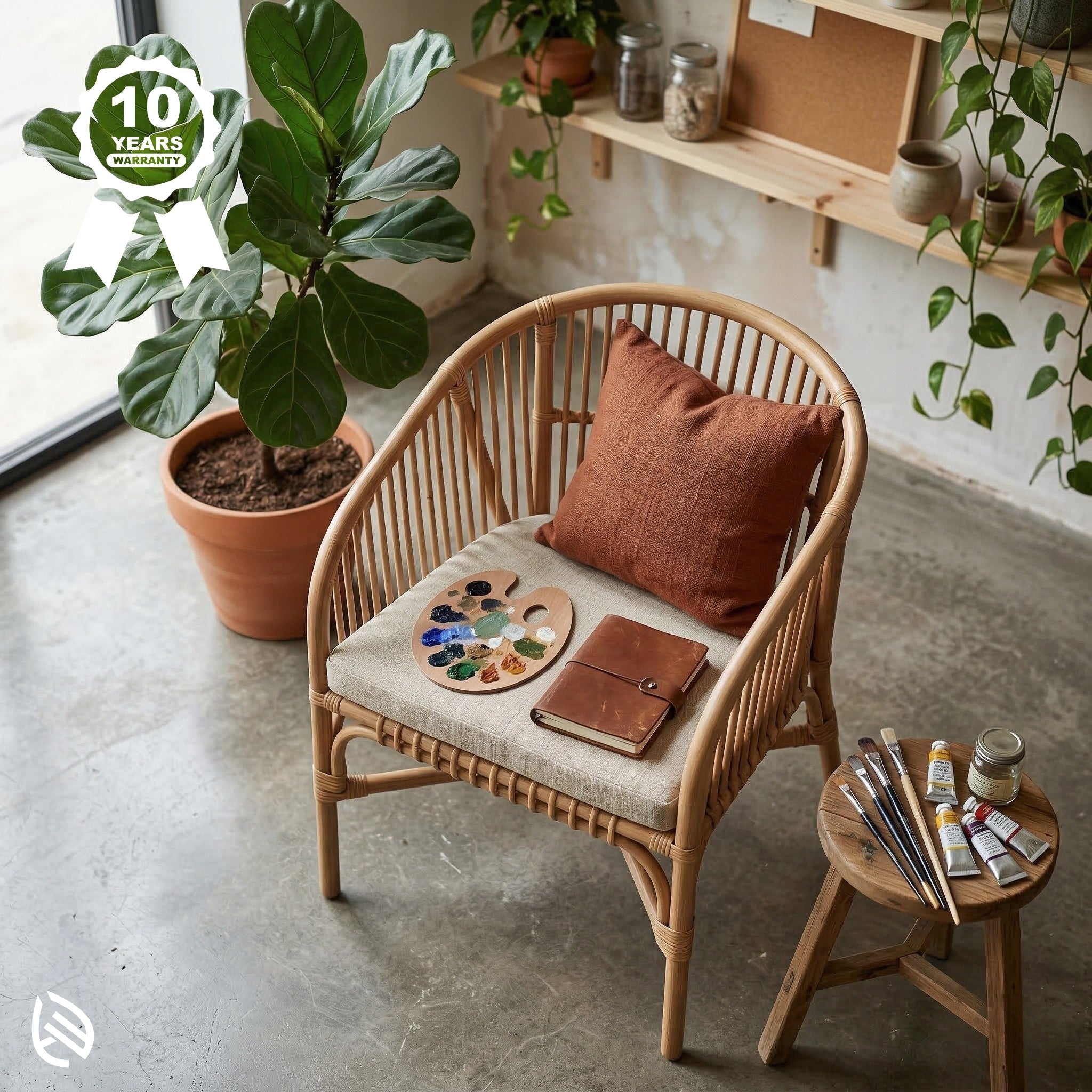 Wicker chair with a cushion and a small table with art supplies in a room with plants.