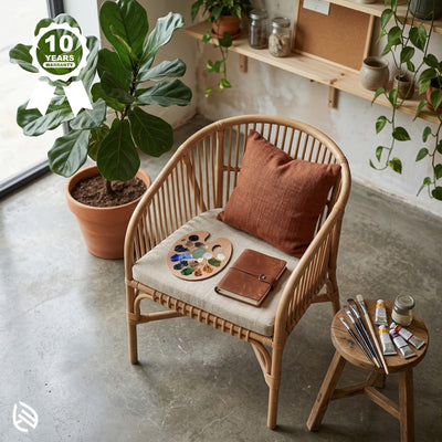 Wicker chair with a cushion and a small table with art supplies in a room with plants.