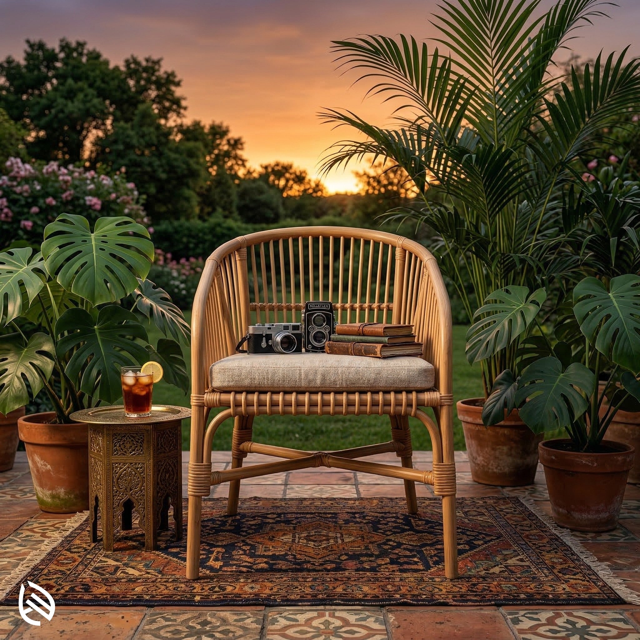 Wicker chair with books and a drink on a patio at sunset