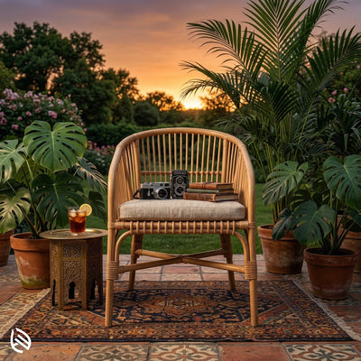 Wicker chair with books and a drink on a patio at sunset