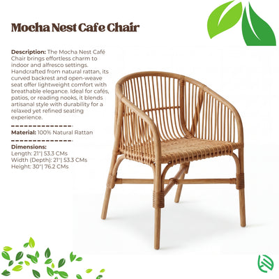 Mocha Nest Cafe Chair with product description and specifications on a white background