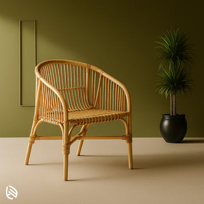 Mocha Nest rattan café chair with barrel back and woven seat in green room