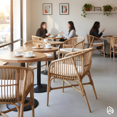 Rattan café seating in modern coffee shop interior
