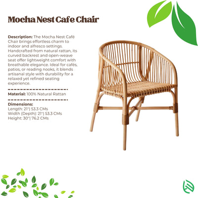 Mocha Nest Cafe Chair with product description and specifications on a white background
