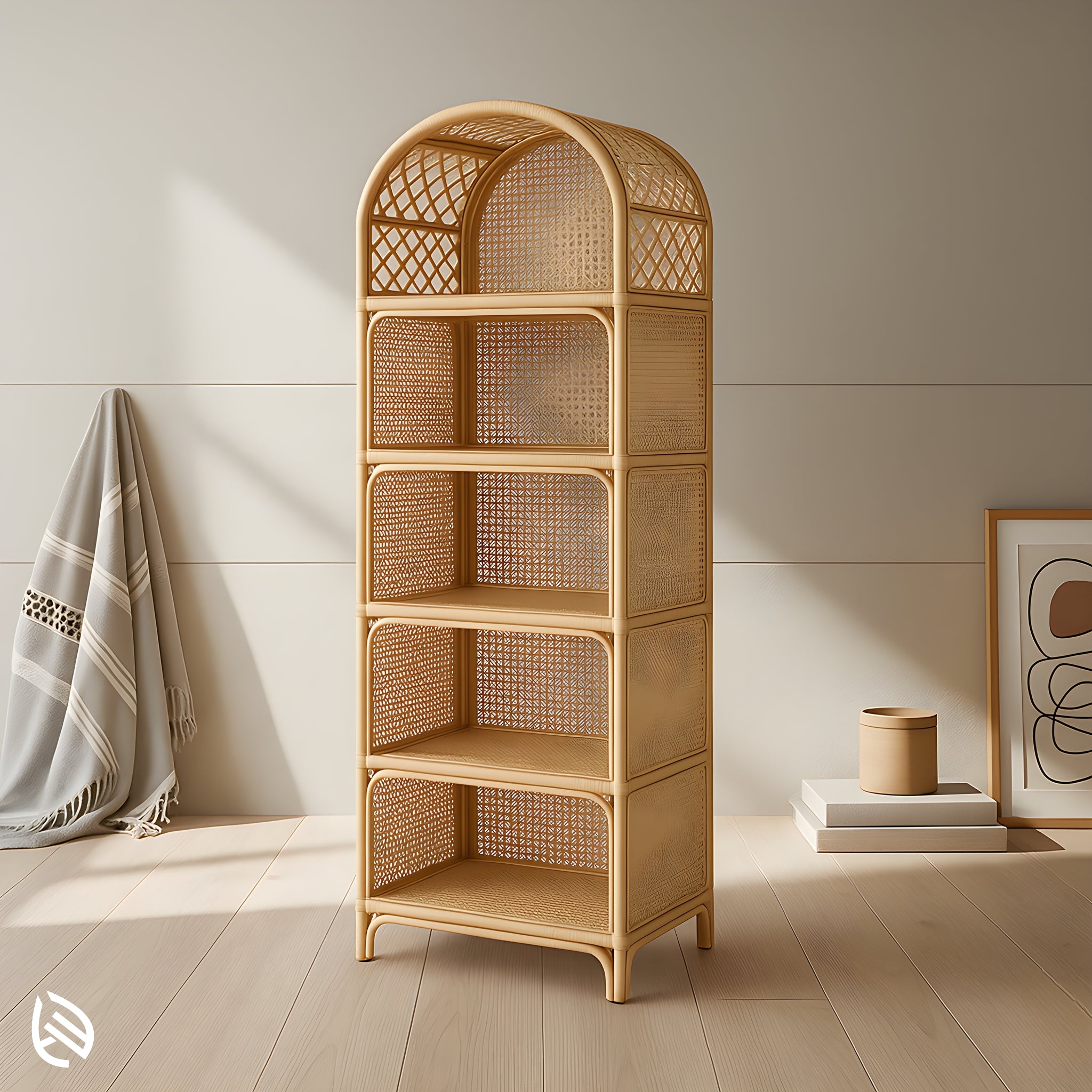 Modern Weave Wonder Rattan Rack by EarthNWe - arched 5-tier natural rattan/cane bookshelf with lattice dome and curved edges in a minimalist room.