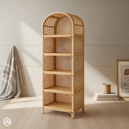 Modern Weave Wonder Rattan Rack by EarthNWe - arched 5-tier natural rattan/cane bookshelf with lattice dome and curved edges in a minimalist room.