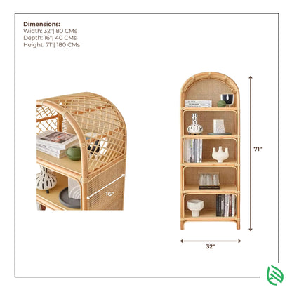 Dimensions diagram for Modern Weave Wonder Rattan Rack - 71 in height, 32 in width, 16 in depth; arched natural rattan/cane shelving unit.