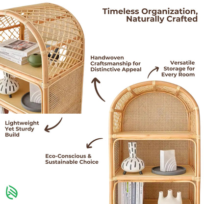 Feature graphic: Modern Weave Wonder Rattan Rack - handwoven natural rattan, lightweight yet sturdy, versatile storage for every room.