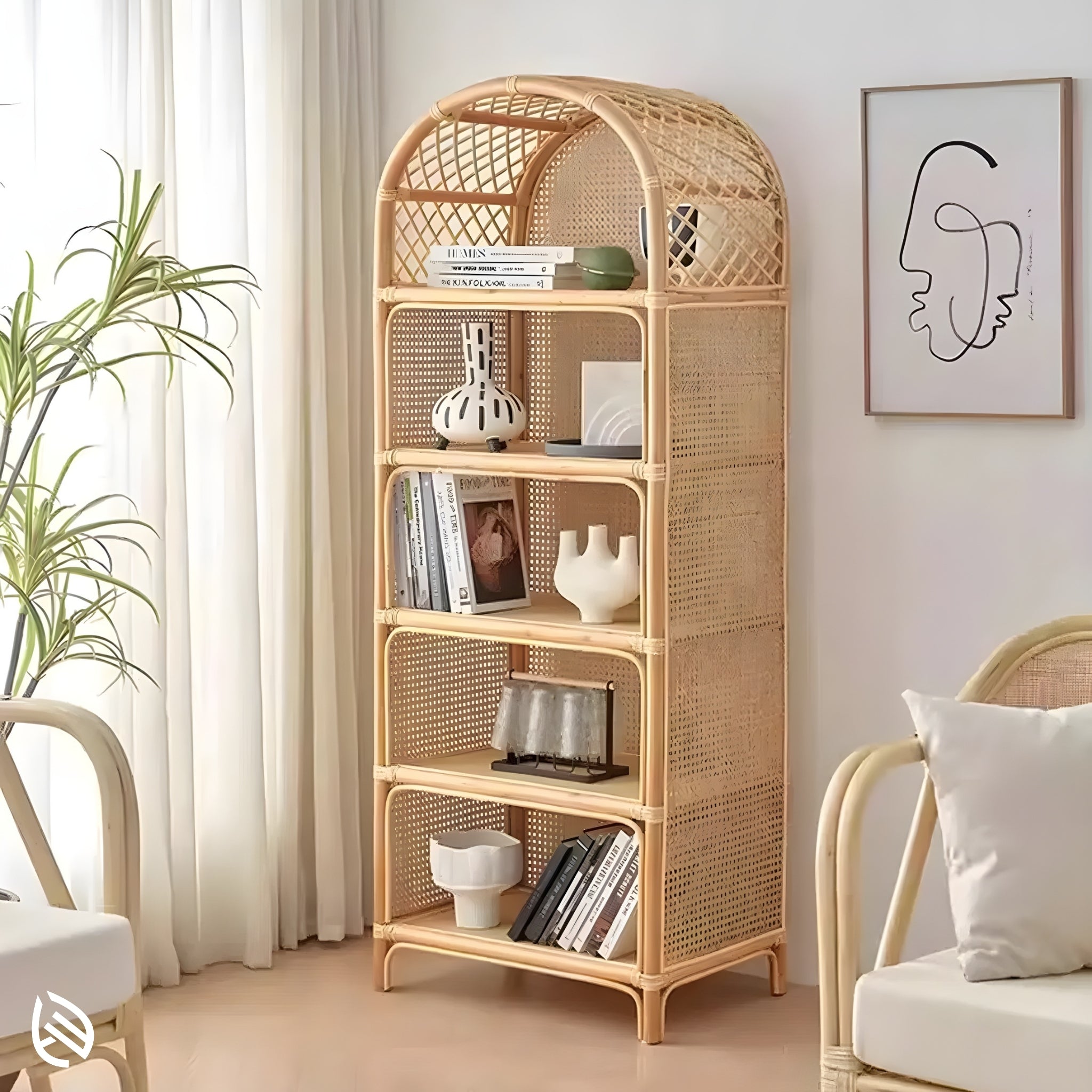 Modern Weave Wonder Rattan Rack styled in a bright living room - arched natural rattan bookshelf displaying vases and books beside sheer curtains.