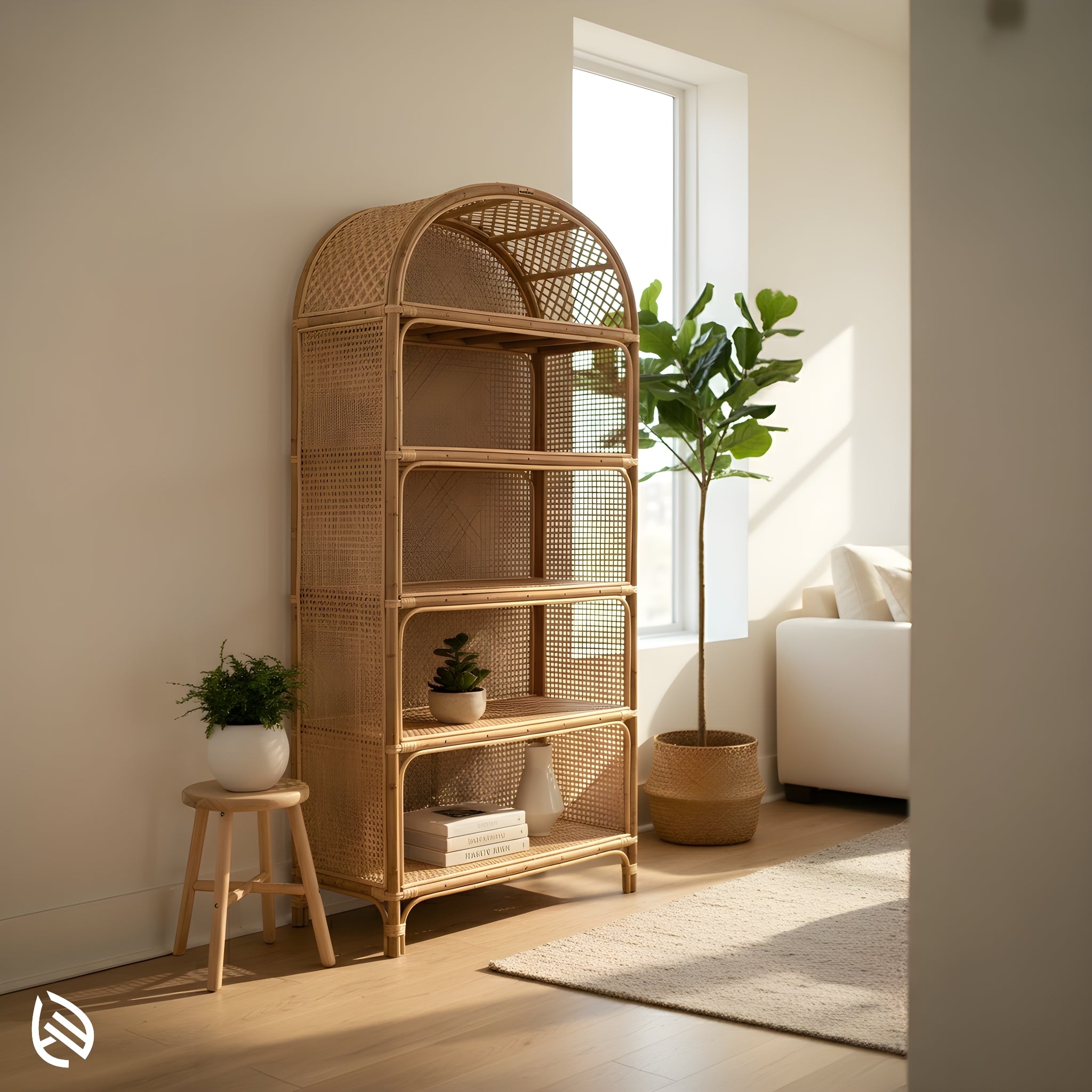 Sunlit corner with Modern Weave Wonder Rattan Rack - tall arched natural rattan storage rack with cane panels and open shelves.