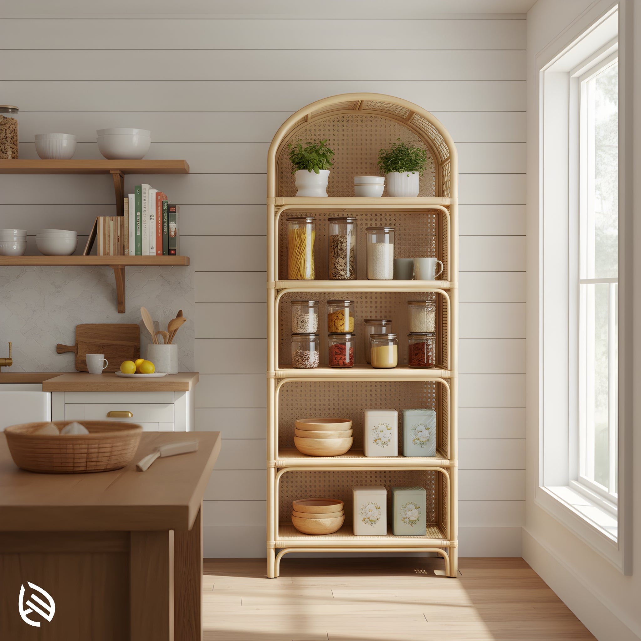 Kitchen pantry setup featuring the Modern Weave Wonder Rattan Rack - 5-shelf natural rattan storage rack holding jars, bowls, and herbs.