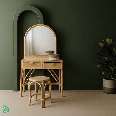 Arched rattan vanity table with matching stool