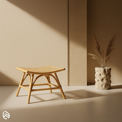 Curved top cane footstool made from natural rattan, ideal for living room or bedroom comfort