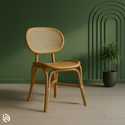 Minimalist cane dining chair with oval cane backrest and woven seat made from natural rattan