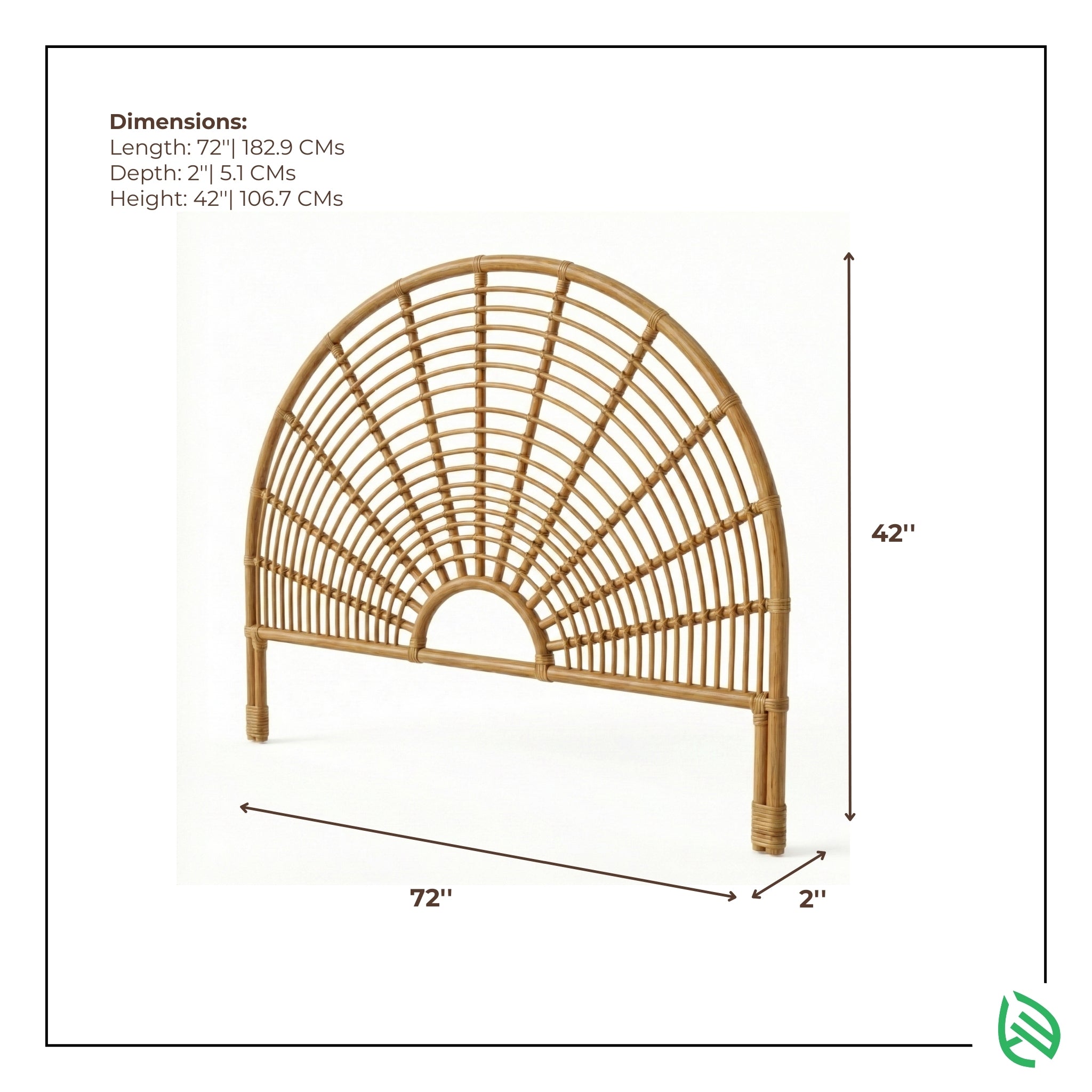 Rattan headboard with dimensions labeled on a white background