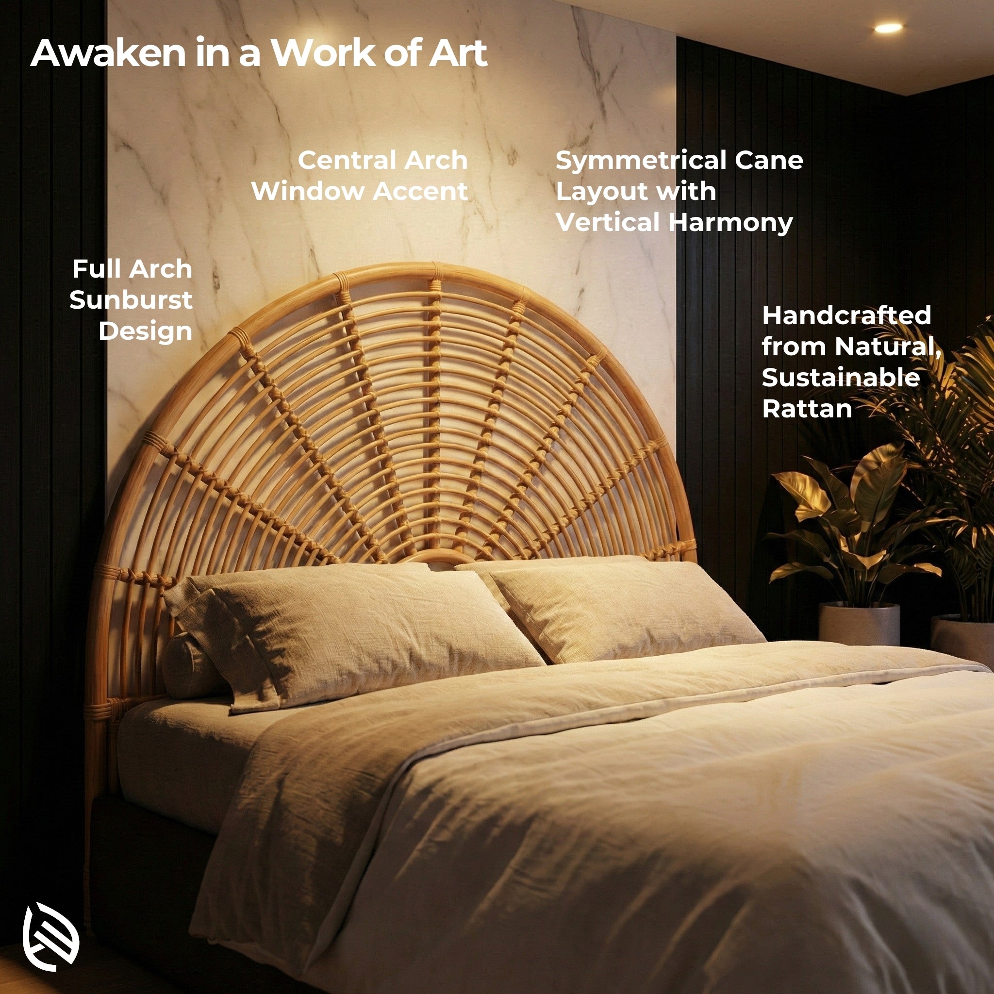 Wicker headboard with text describing design elements and materials