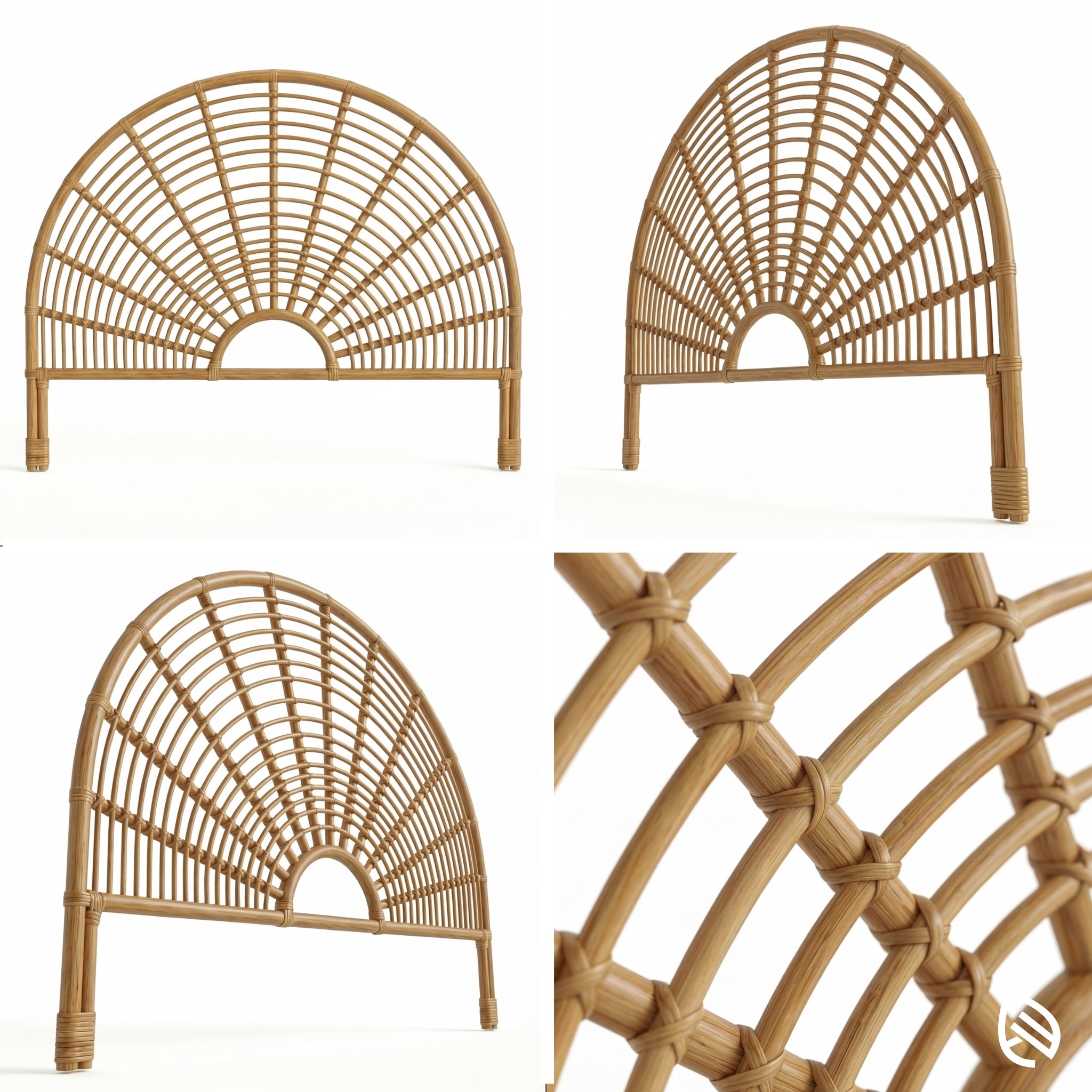 Three rattan headboards and a close-up of their woven pattern on a white background.