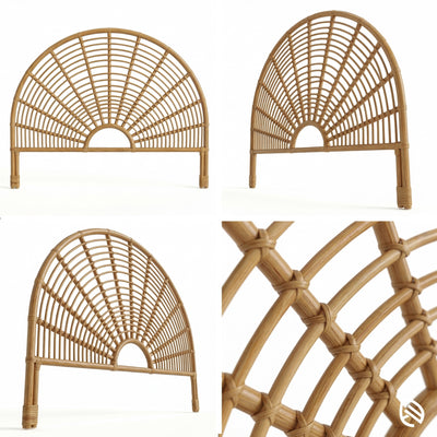 Three rattan headboards and a close-up of their woven pattern on a white background.