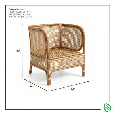 Wicker chair with dimensions labeled on a white background