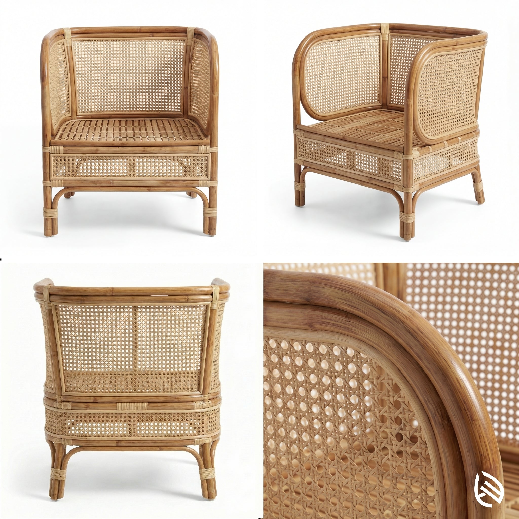 Wicker chair shown from multiple angles on a white background