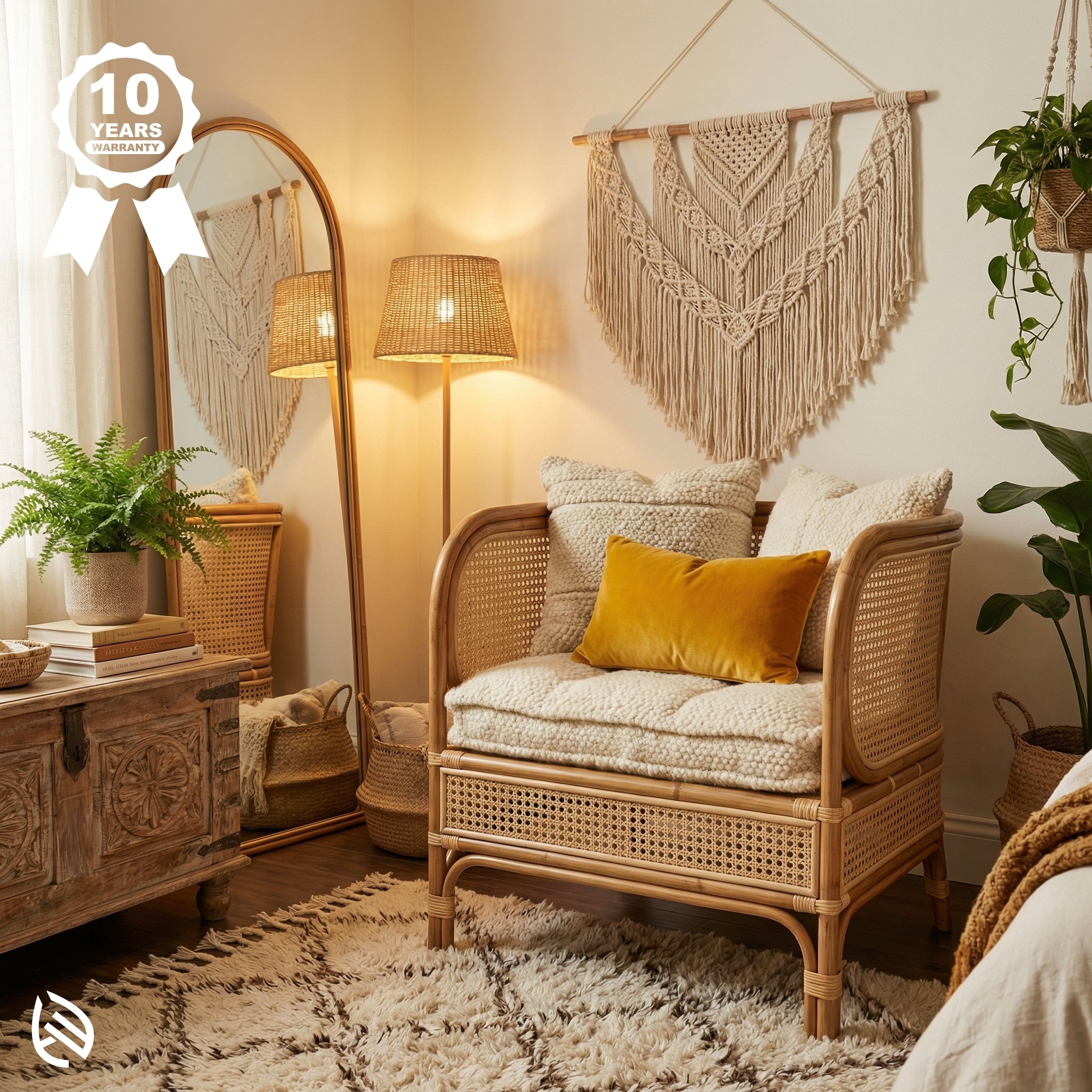 Cozy living room with wicker chair, lamp, and decorative wall hanging.