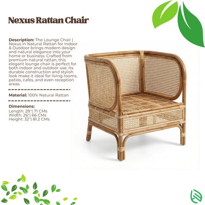 Nexus Rattan Chair with product description and material details on a white background