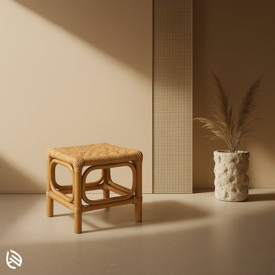 Square natural rattan stool with woven seat and looped frame, perfect for casual seating or side table use