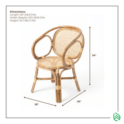 Wicker chair with dimensions labeled on a white background