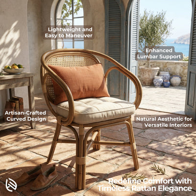 Rattan chair with cushion on a patio with text highlighting features