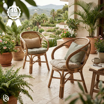 Two wicker chairs with cushions on a patio with plants and a scenic view.
