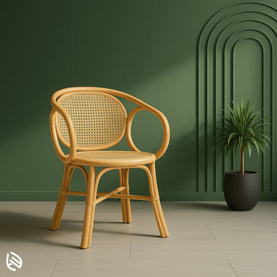 Artistic loop-arm cane chair handcrafted from natural rattan for stylish indoor seating