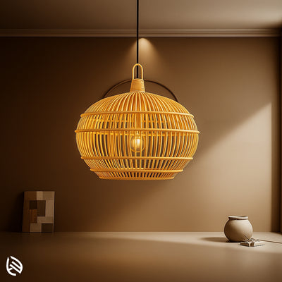 Modern orb-shaped natural rattan hanging lamp with exposed bulb design, perfect for warm and rustic interiors