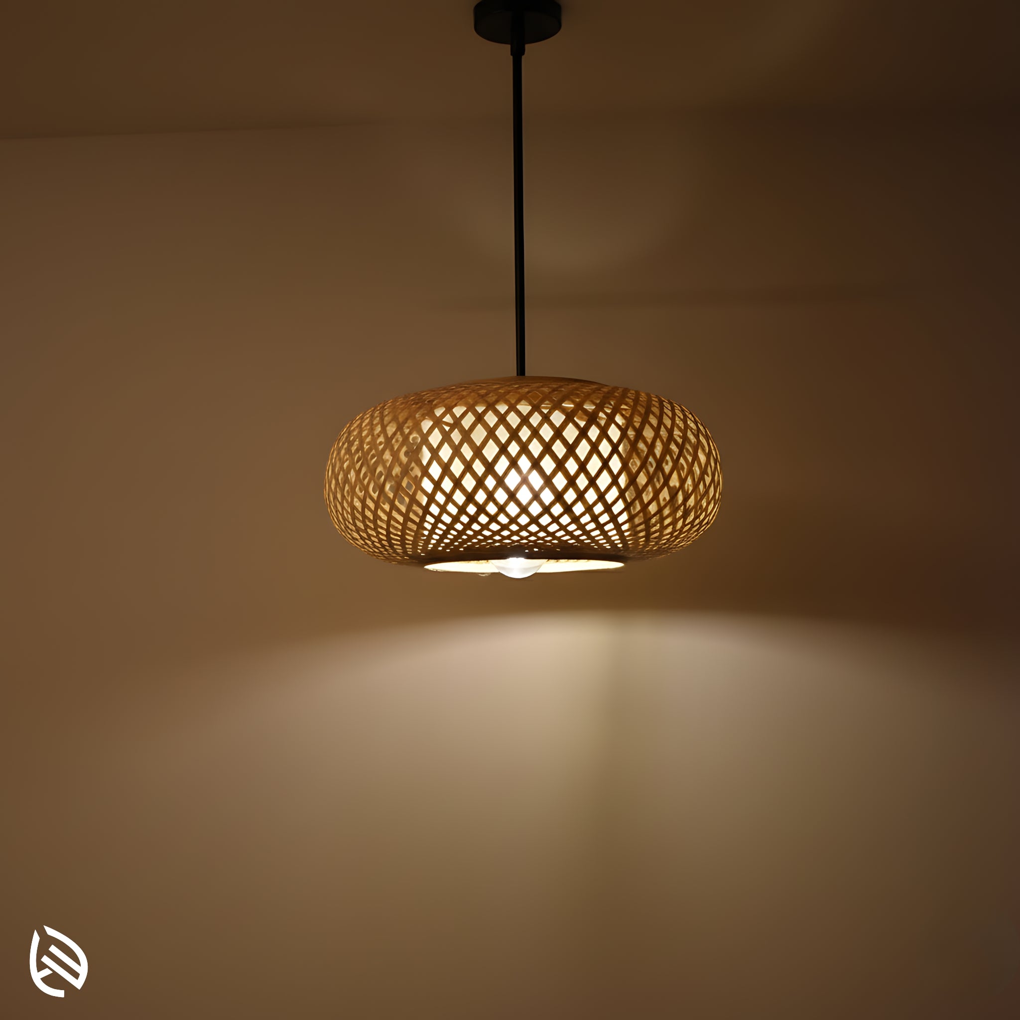 Bamboo pendant light glowing on wall, Oval Cage woven cane shade with warm ambient halo.