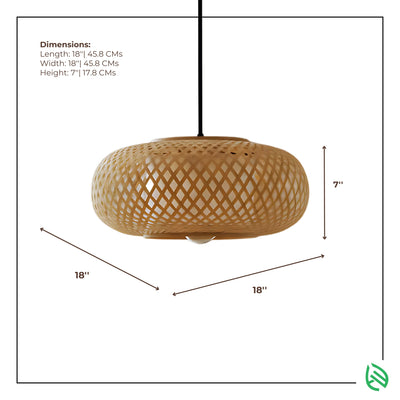 Oval Cage bamboo hanging lamp dimensions graphic, 18x18x7 inches, natural cane lattice pendant.
