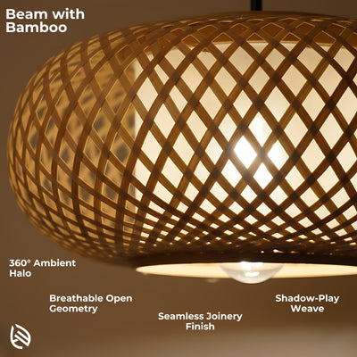 Close-up of woven bamboo lattice lampshade showing seamless joinery and 360° ambient halo.