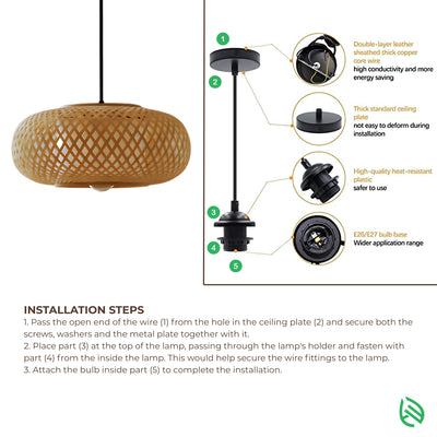Pendant installation parts: ceiling canopy, cord, E27/E26 holder, step-by-step wiring infographic.