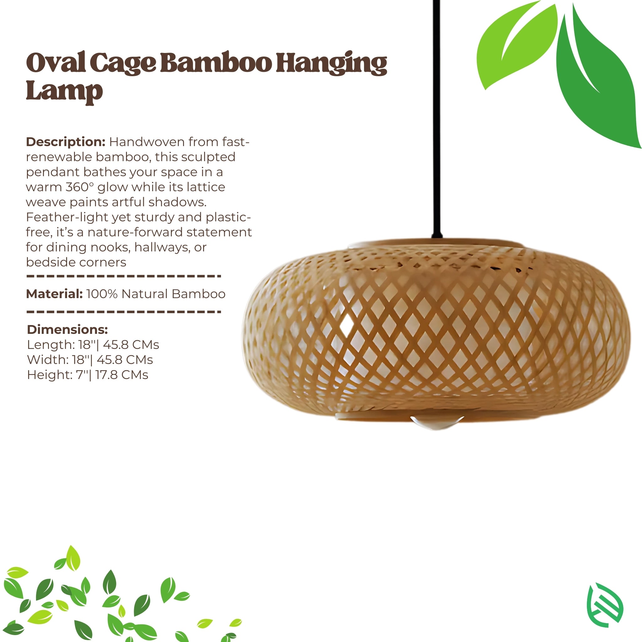 Oval Cage Bamboo Hanging Lamp product card showing natural bamboo material and 18x7 in dimensions.