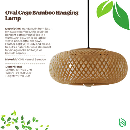Oval Cage Bamboo Hanging Lamp product card showing natural bamboo material and 18x7 in dimensions.
