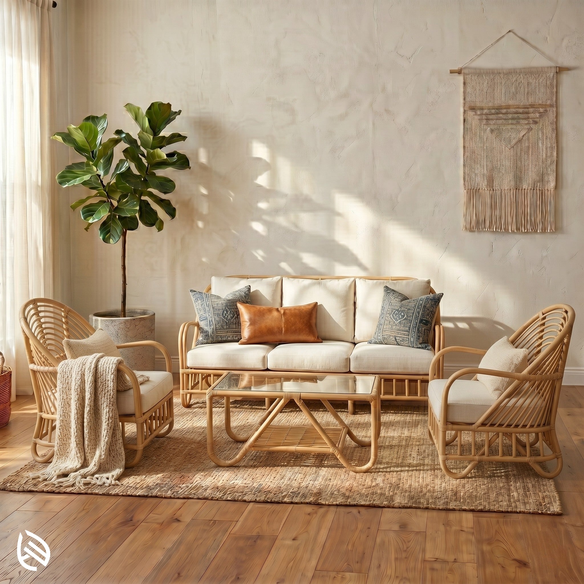 Natural rattan sofa set with cushions in warm modern living room