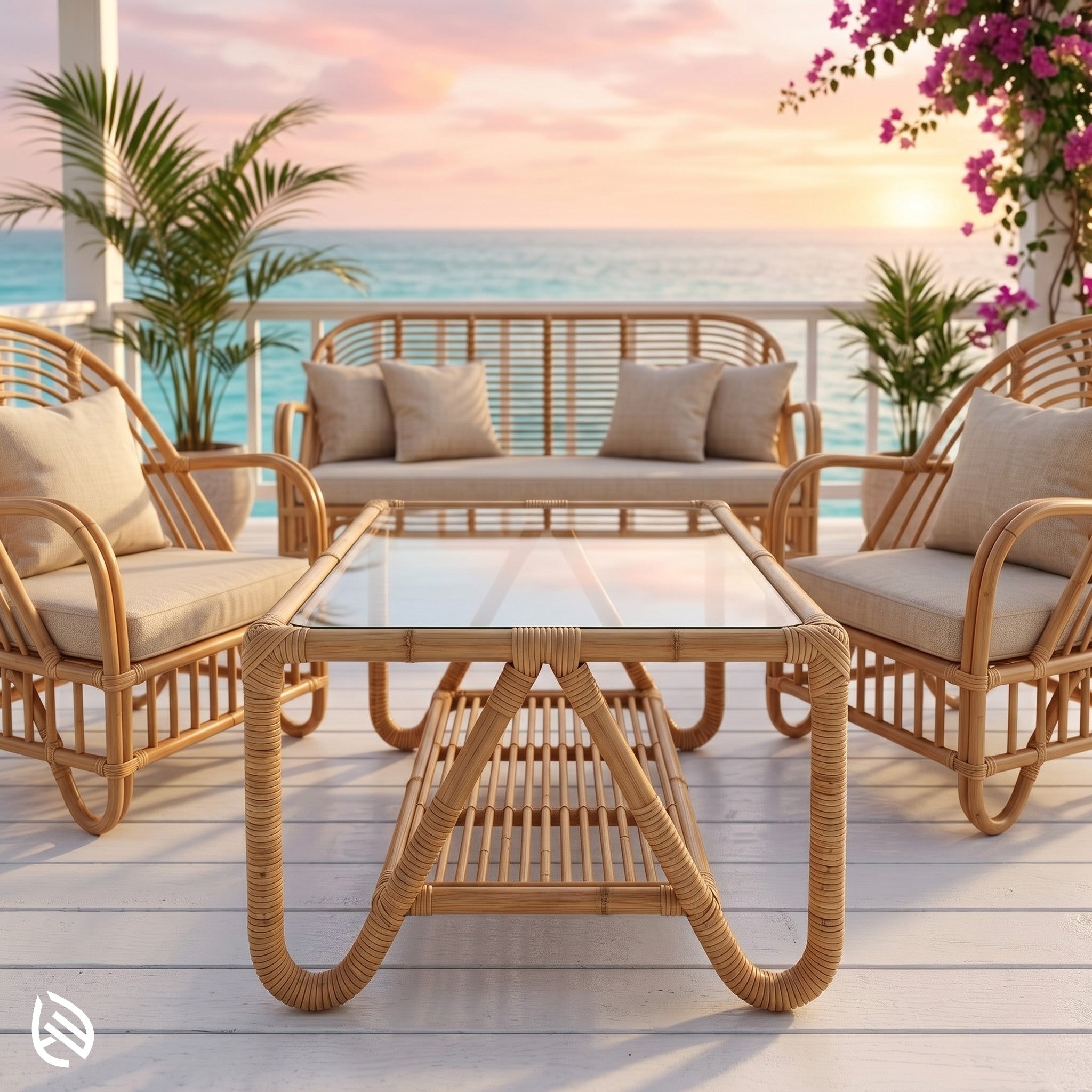 Outdoor balcony rattan sofa set with ocean sunset view