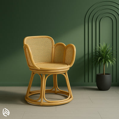 Petal backrest natural rattan chair with circular cane base, handcrafted for modern boho interiors