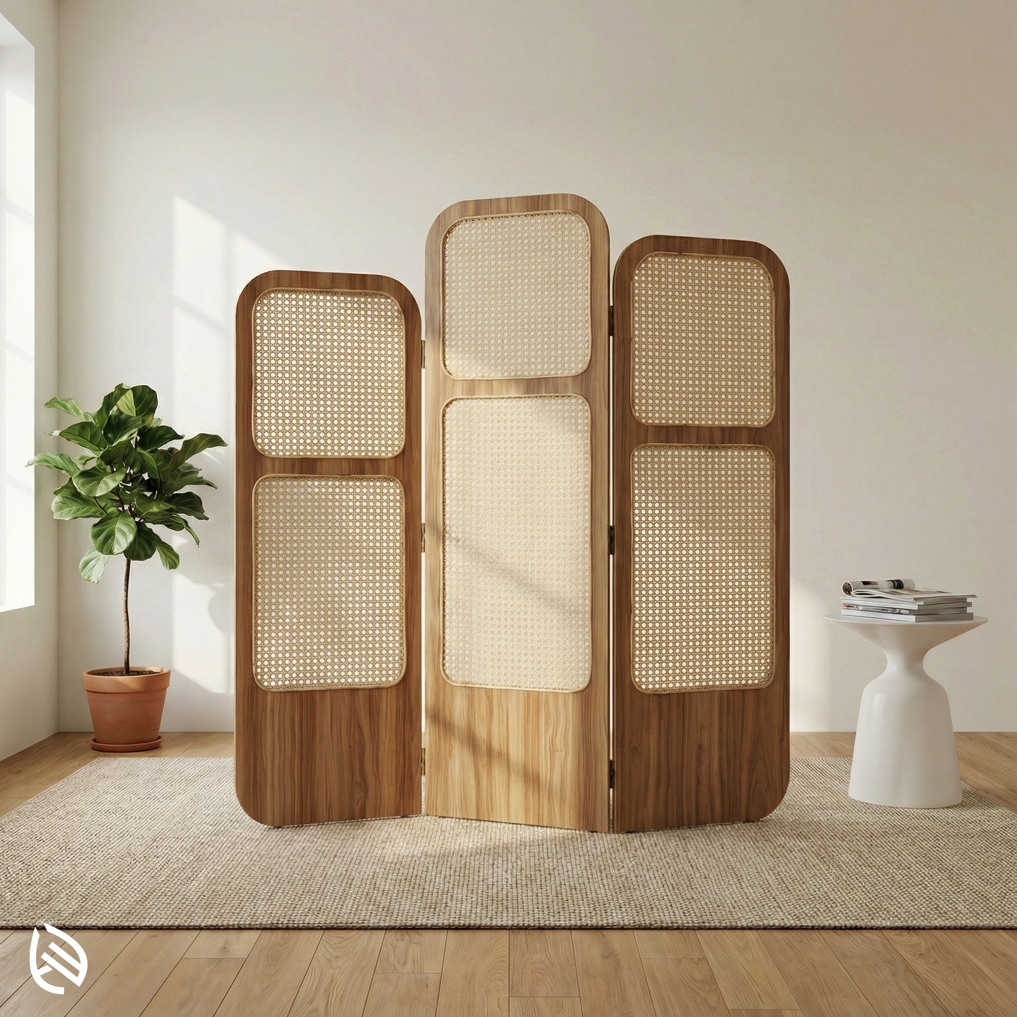 Wooden room divider with wicker panels in a modern interior setting